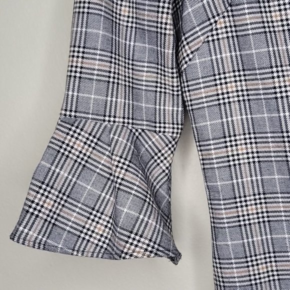 H&M Plaid Houndstooth Grey Dress with 3/4 Ruffle Bell Sleeve, Size 2 - Picture 4 of 9